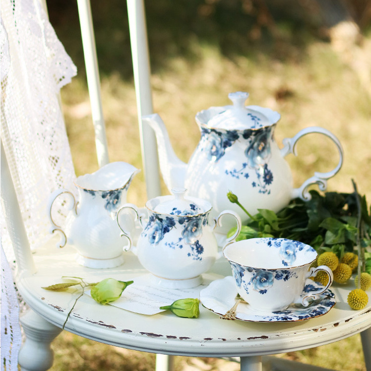 Blue and white new porcelain coffee tea pot set tea cup sets ceramic with tray gold rim design china teapot set and milk pot