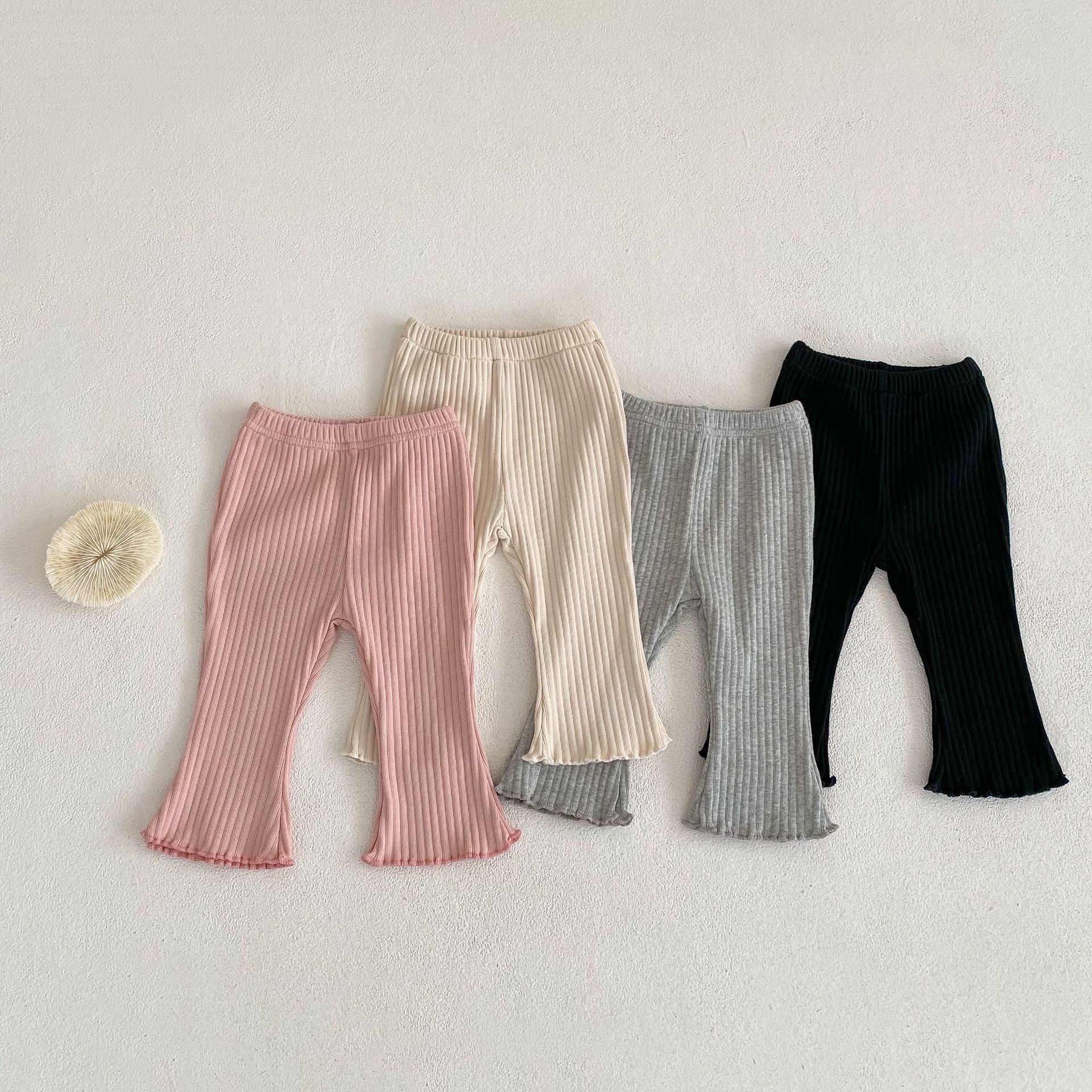 2024 Bell bottoms for baby girls Solid color stretch leggings Korean version girls casual pants with wooden ears