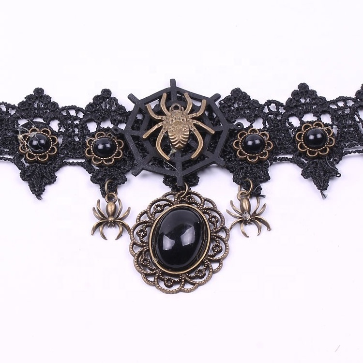 Choker for Women Gothic  for Halloween Punk Costume Party Royal Court Vampire Diamond Rhinestone Black Lace Necklace Set