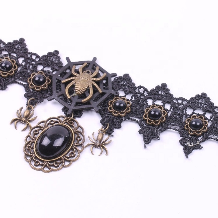 Choker for Women Gothic  for Halloween Punk Costume Party Royal Court Vampire Diamond Rhinestone Black Lace Necklace Set