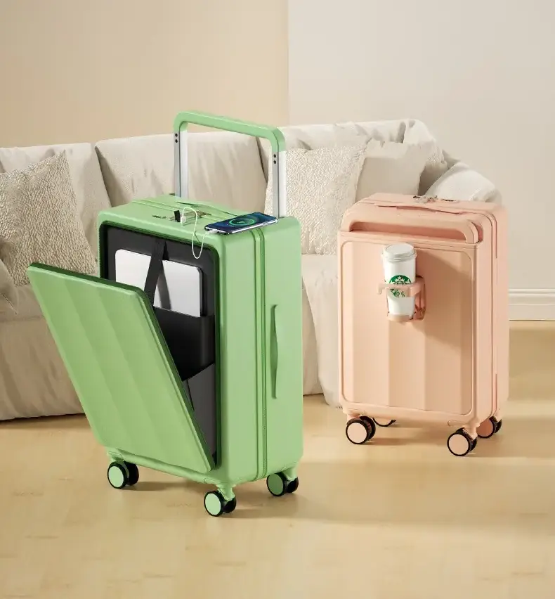 Hot selling Carry On Luggage Wide pull rod Trolley Suitcase With Cup Holder and USB charging