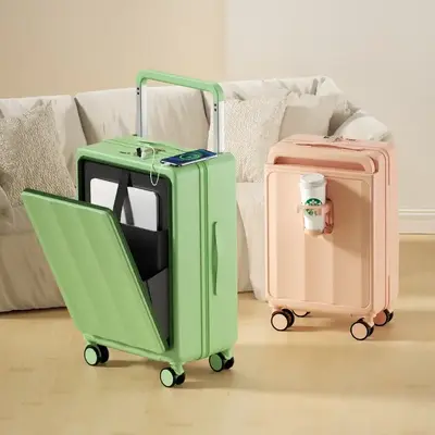 Hot selling Carry On Luggage Wide pull rod Trolley Suitcase With Cup Holder and USB charging