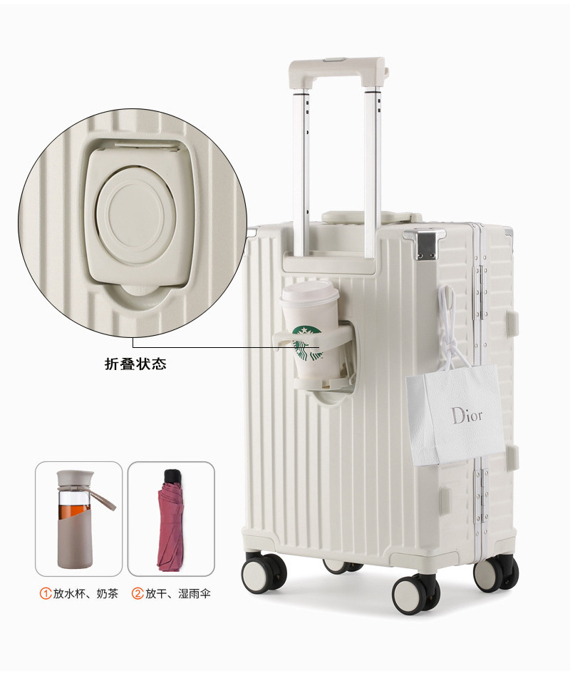 2023 New Design Multifunctional Front Open Luggage Aluminum Suitcase Travel Bag With Usb Charger And Cup Holder