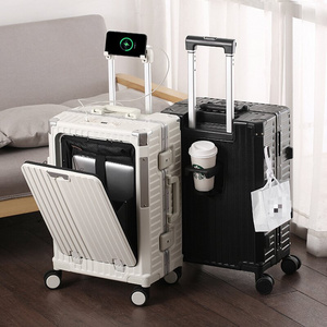 2023 New Design Multifunctional Front Open Luggage Aluminum Suitcase Travel Bag With Usb Charger And Cup Holder