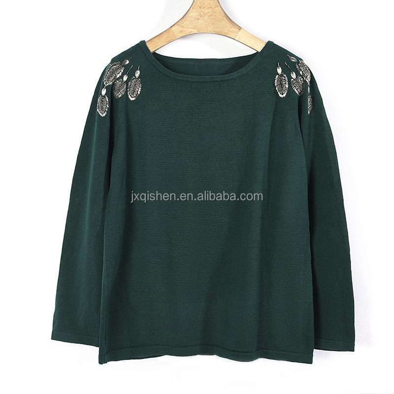 2024 OEM/ODM New design cropped women spring soft knit pullover crewneck  sweater Bead embroidery women sweater