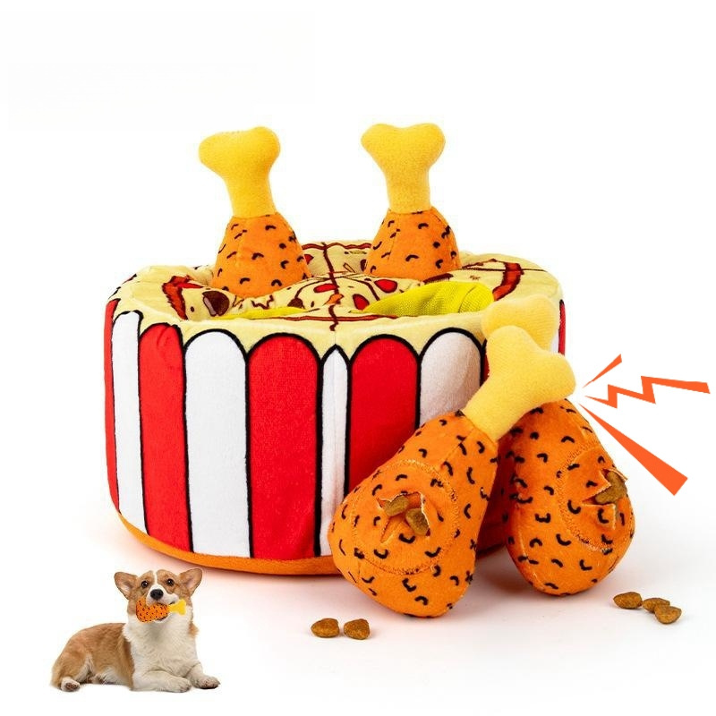 Puzzle Squeaky Hide and Seek Dog Toy Feed Treats Fried Chicken Leg Pizza Snuffle Dog Plush Toys for Dogs In Stock