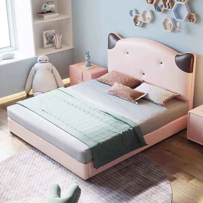 Children bed girl princess bed girl pink dream modern simple solid wood with soft bag cat cartoon bed