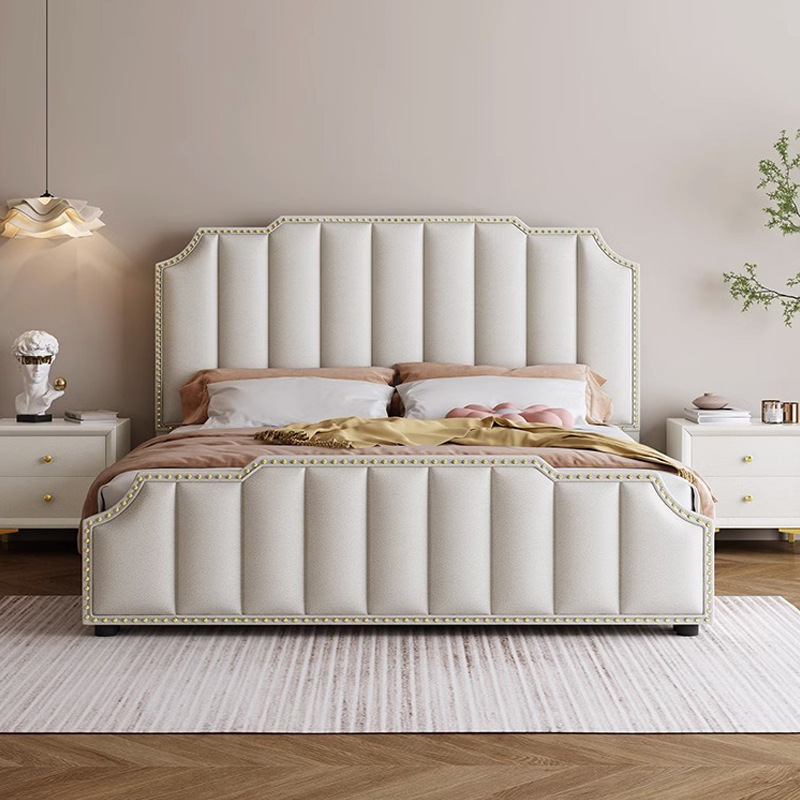 Italian light luxury cream leather bed bedroom modern 1.8m double bed with storage fashion soft up-holstered beds frame