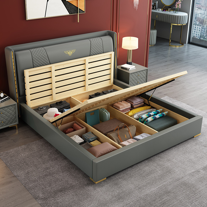 New Style Comfort Master Bedroom Modern Bed Frame Luxury Bed with Storage Design King Size Pine Canopy Soft Bed