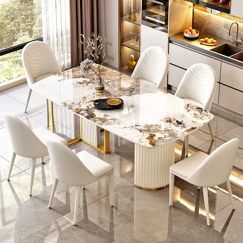 High quality modern 6 chairs white dinning table and chair set sintered stone furniture kitchen dinning table