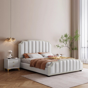 Italian light luxury cream leather bed bedroom modern 1.8m double bed with storage fashion soft up-holstered beds frame