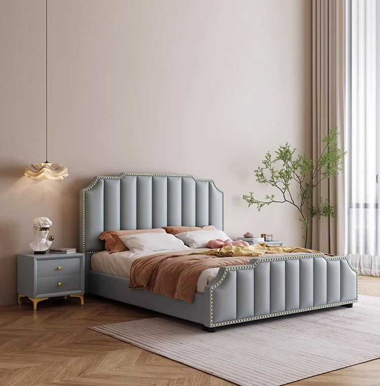 Italian light luxury cream leather bed bedroom modern 1.8m double bed with storage fashion soft up-holstered beds frame