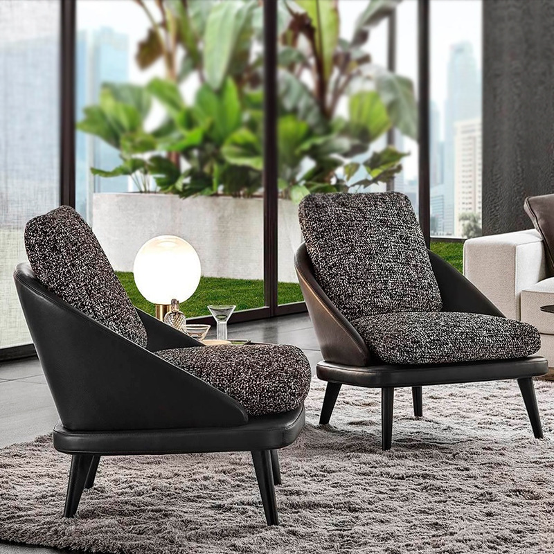 Italian minimalism luxury black leather cloth accent chair modern arm sofa chair living room leisure chair