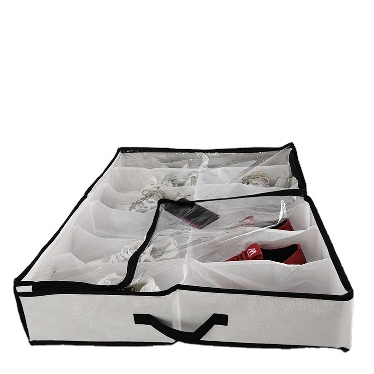 Under the bed shoe organizer fits 16 pairs 12 pairs 4 pairs  storage shoe organizing box with zippered PVC clear window