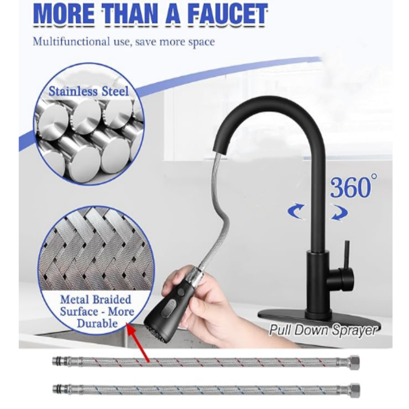 Kitchen Sink Faucet with Pull Down Spray  Stainless Steel Kitchen Faucet Pull Out Extension Utility Farmhouse