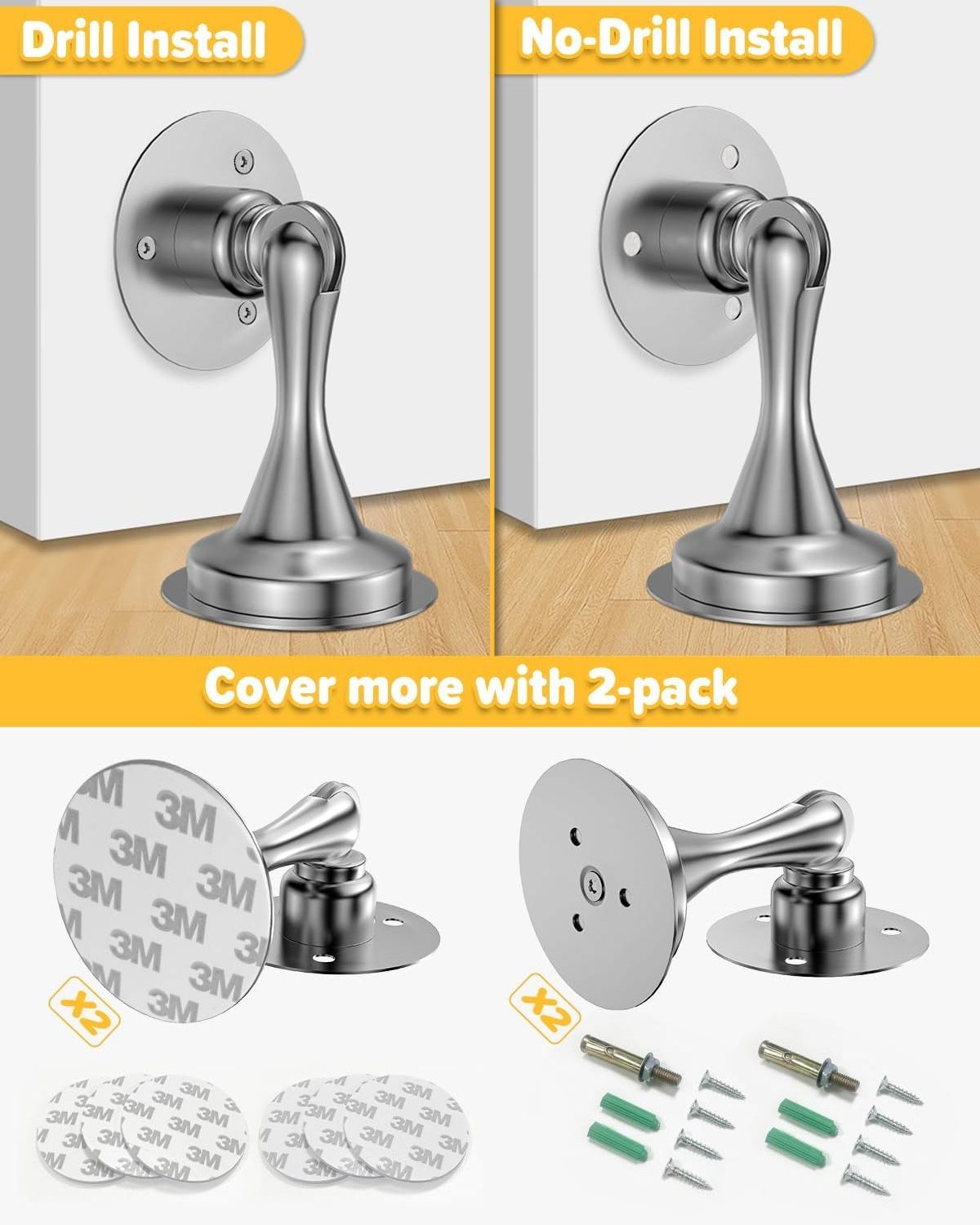 Door Stoppers Magnetic Door Catch No Drill Stainless Steel Heavy Duty Door Holder Stops Wall Floor Mounting