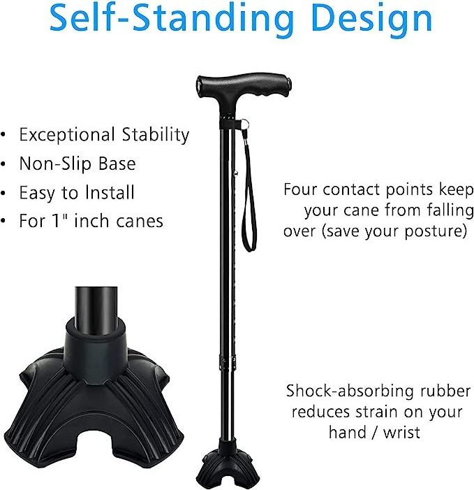 Cane Tips - 1 Inch Heavy Duty Rubbers Self Standing Quad Base Replacement Walking Cane Tips (Black)