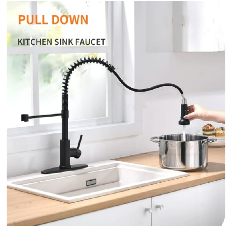 Black Kitchen Faucet with Pull Down Sprayer Stainless Steel Single Handle Pull Out Spring Sink Faucets Dual Function