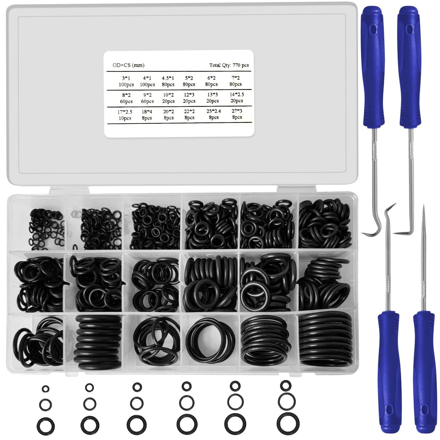 O Ring Assortment Kit 770pcs on 18 Sizes O Rings for Mixer Taps with Picks and Hooks Pressure Washer Oring Kit