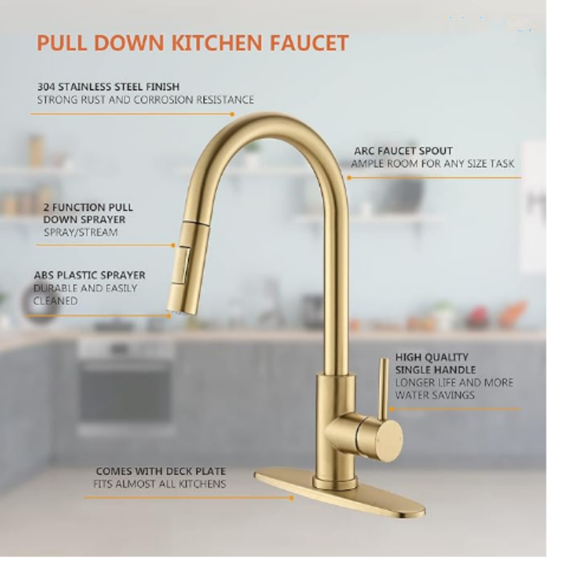 Kitchen Faucets with Pull-Down Sprayer Modern Kitchen Sink Faucet Stainless Steel Single Handle Kitchen Faucet with Deck Plate