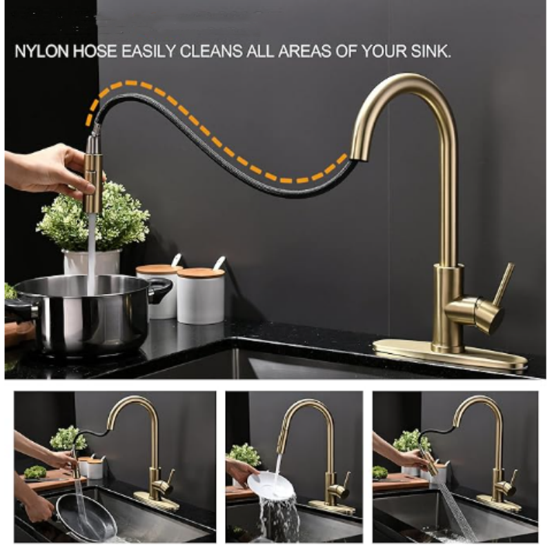 Kitchen Faucets with Pull-Down Sprayer Modern Kitchen Sink Faucet Stainless Steel Single Handle Kitchen Faucet with Deck Plate