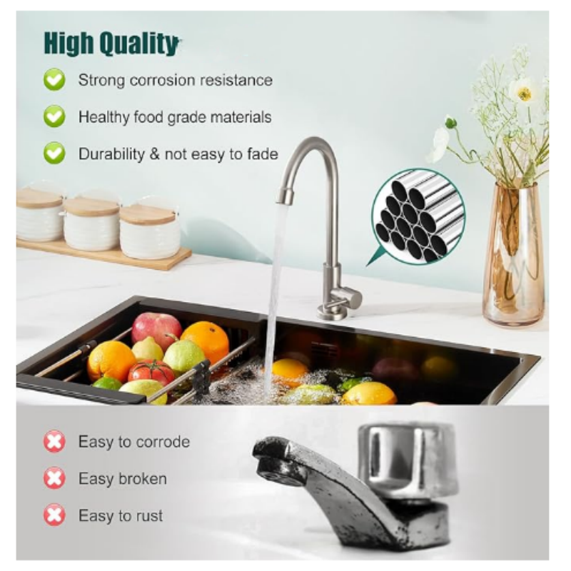 Brushed Nickel Kitchen Faucet Cold Water 360 Degree Swivel Spout Deck Mount Sink Bar Tap Goose Neck with Hose