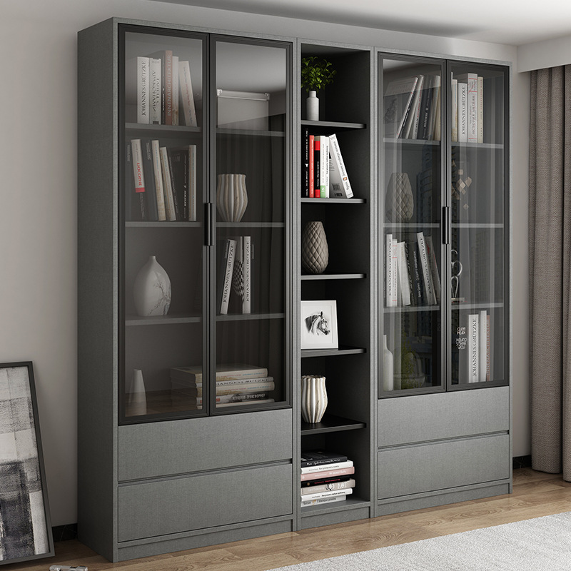 Wooden Bookcase with Glass Doors Glass File Cabinet Modern Book Shelf