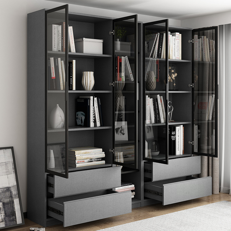 Wooden Bookcase with Glass Doors Glass File Cabinet Modern Book Shelf