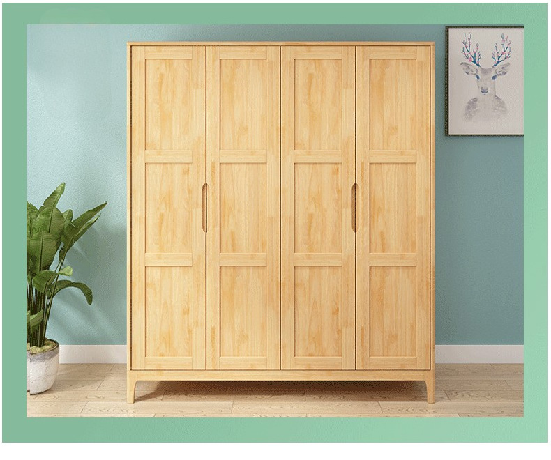 Custom Chinese style wardrobe Rubberwood 2/3/4 Door Wardrobe Simple Solid Wood Bedroom Storage Wardrobe