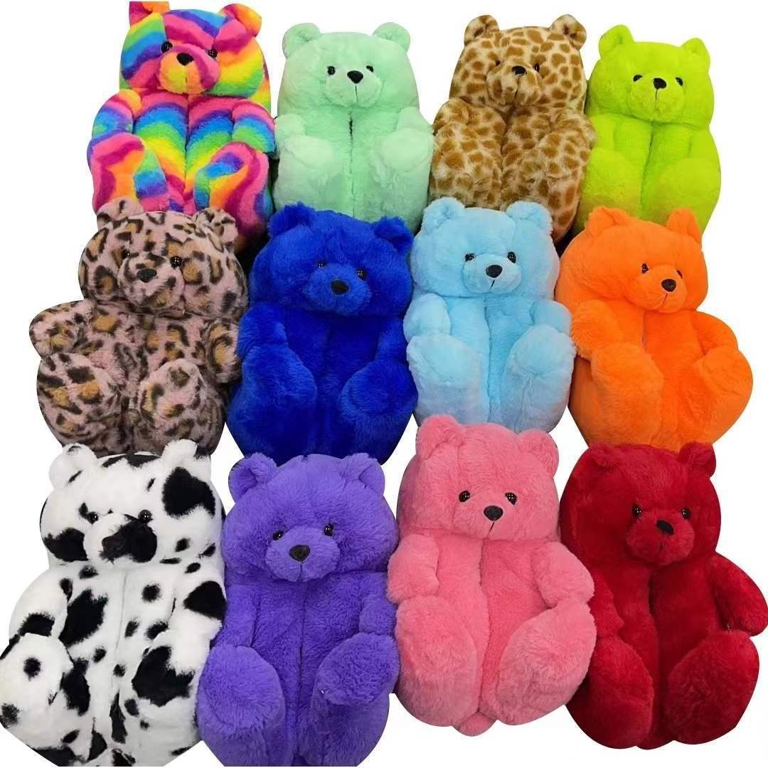 Adult Kids Lovely Animal Teddy Bears Slippers Parent-Child Bedroom Shoes Winter Warm Indoor Fuzzy Plush Home Slippers