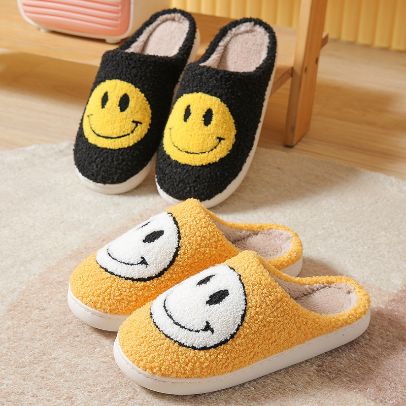 2022 Men Pink Yellow Smiley Cartoon Casual Warm Cotton Lovers Slippers Home Indoor Big Smile Floor Women Fluffy Fur Slippers