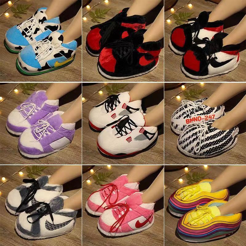 Fashionable Adult House Sneaker Slippers Winter Soft Cozy Indoor Shoes Furry Slippers Big Plush Sneaker Slippers