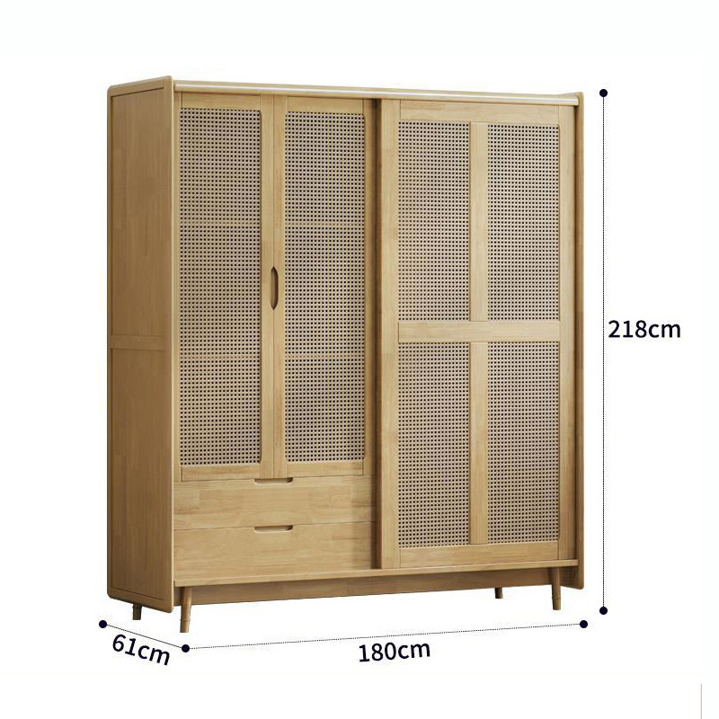 Solid Wood Rattan Wardrobe Sliding Door Storage Cabinet Simple Japanese Wardrobe with Drawers Bedroom Furniture