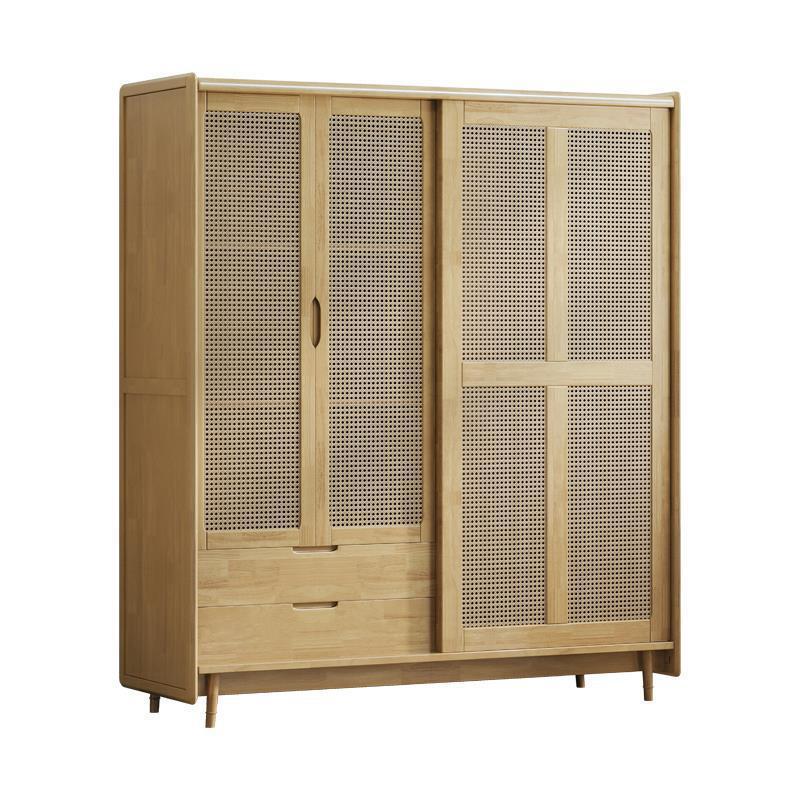 Solid Wood Rattan Wardrobe Sliding Door Storage Cabinet Simple Japanese Wardrobe with Drawers Bedroom Furniture