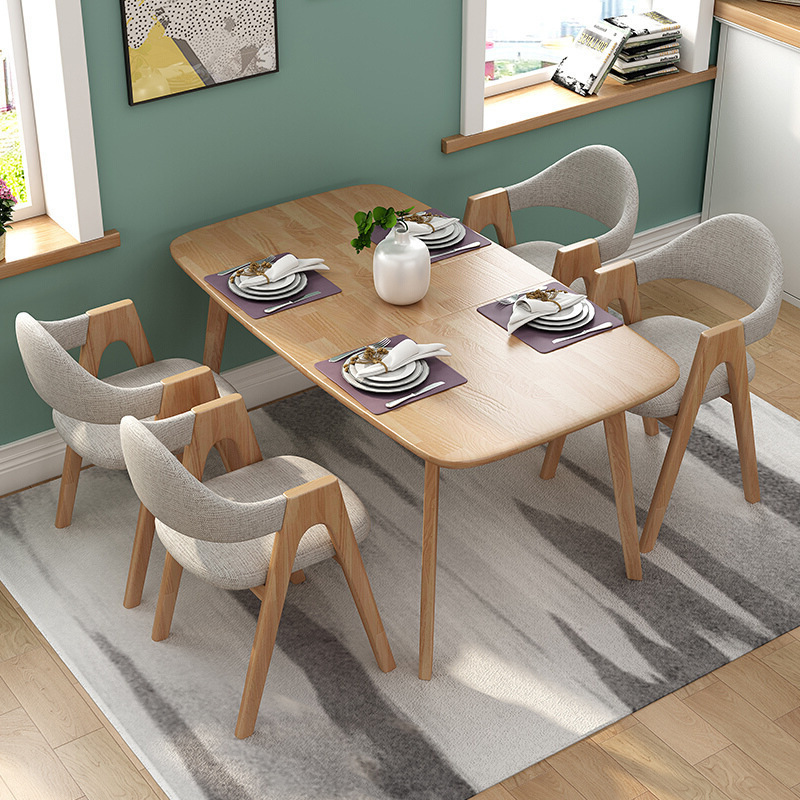 Nordic Solid Wood Dining Table Set Folding and Telescopic Dining Table with 6 Chairs Rectangular Sliding and Lifting Table