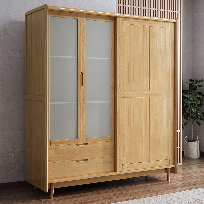 Solid Wood Sliding Door Wardrobe Household Bedroom Rattan Woven Hanging Clothes Storage Wardrobe 3 Doors 2 Drawers