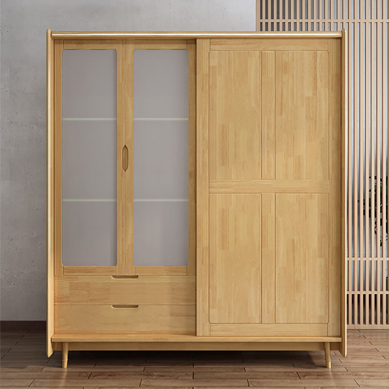 Solid Wood Sliding Door Wardrobe Household Bedroom Rattan Woven Hanging Clothes Storage Wardrobe 3 Doors 2 Drawers