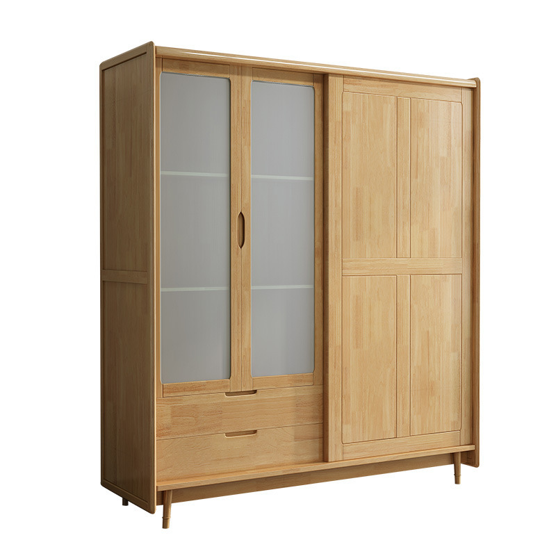 Solid Wood Sliding Door Wardrobe Household Bedroom Rattan Woven Hanging Clothes Storage Wardrobe 3 Doors 2 Drawers