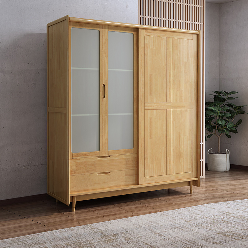 Solid Wood Sliding Door Wardrobe Household Bedroom Rattan Woven Hanging Clothes Storage Wardrobe 3 Doors 2 Drawers