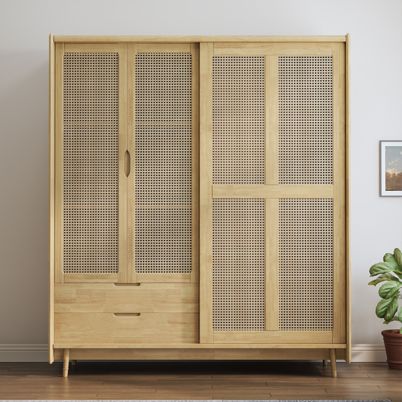 Solid Wood Rattan Wardrobe Sliding Door Storage Cabinet Simple Japanese Wardrobe with Drawers Bedroom Furniture