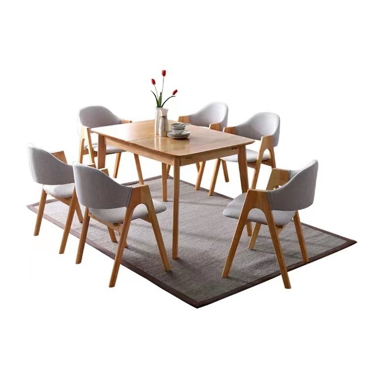 Nordic Solid Wood Dining Table Set Folding and Telescopic Dining Table with 6 Chairs Rectangular Sliding and Lifting Table