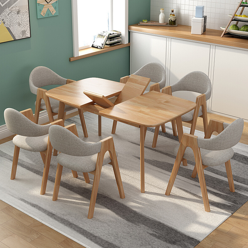 Nordic Solid Wood Dining Table Set Folding and Telescopic Dining Table with 6 Chairs Rectangular Sliding and Lifting Table