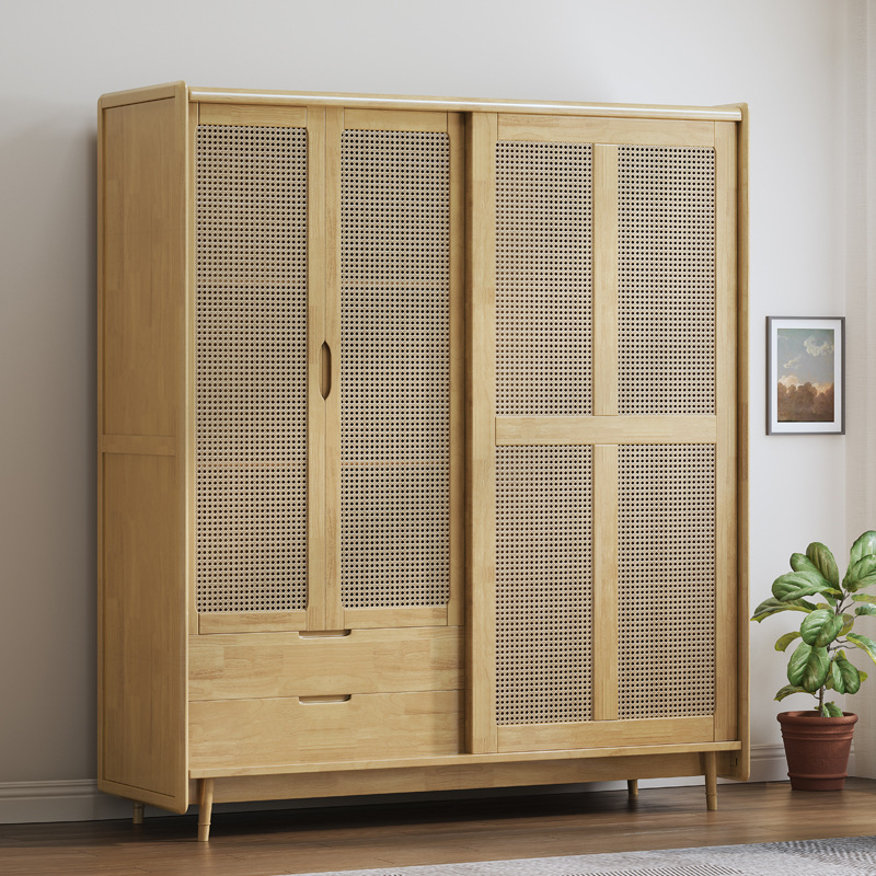 Solid Wood Rattan Wardrobe Sliding Door Storage Cabinet Simple Japanese Wardrobe with Drawers Bedroom Furniture