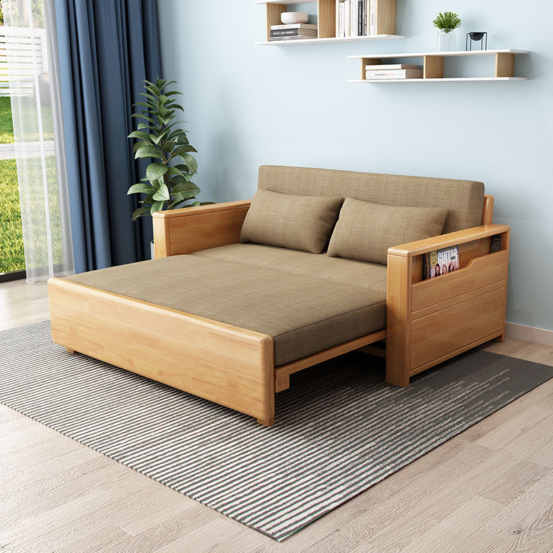 Foldable Solid Wood Sofa Bed Living Room Multifunctional Dual-purpose Retractable Single Bed with Storage Small Household Sofa