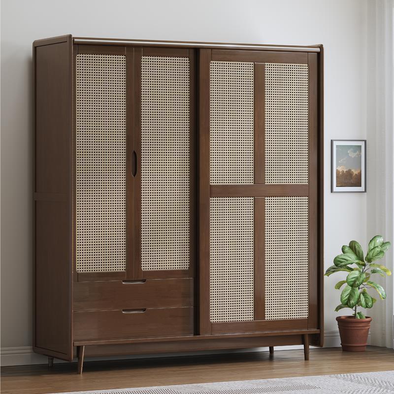 Solid Wood Rattan Wardrobe Sliding Door Storage Cabinet Simple Japanese Wardrobe with Drawers Bedroom Furniture