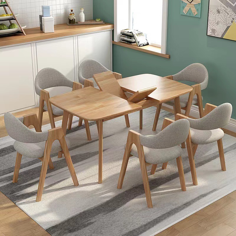 Nordic Solid Wood Dining Table Set Folding and Telescopic Dining Table with 6 Chairs Rectangular Sliding and Lifting Table