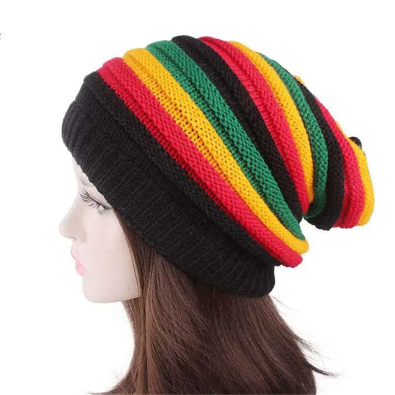 Colorful Striped Knit Hat Keep Warm Beanies Skullies Unisex Knitted Cap