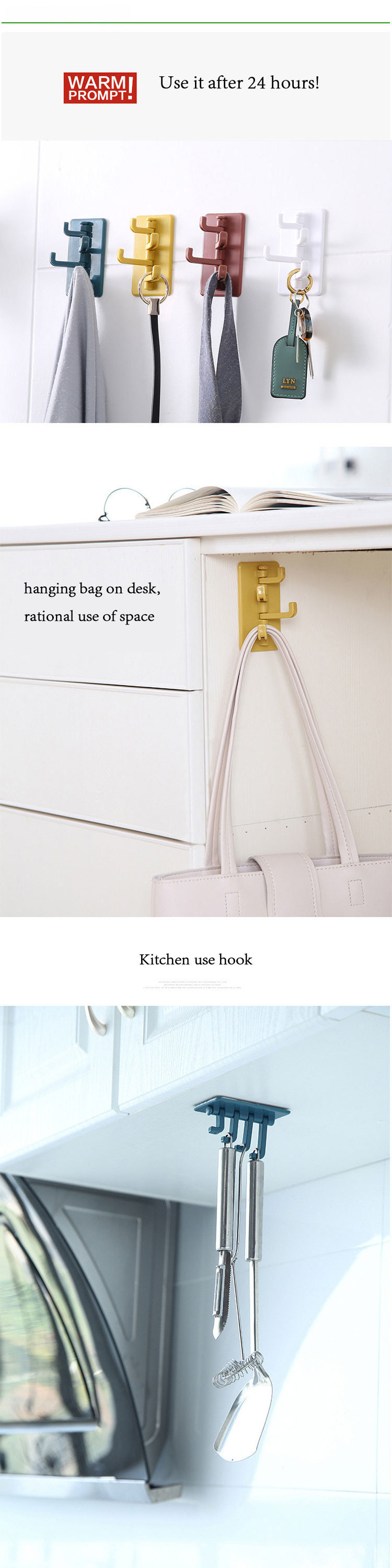 Kitchen Bathroom plastic Strong adhesive Hook Storage multi functional  Hanger Wall mounted 4 Hooks