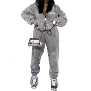 Custom clothes jogging 2 pieces sweatpants zip up hoodie set with pocket sweat suit for women