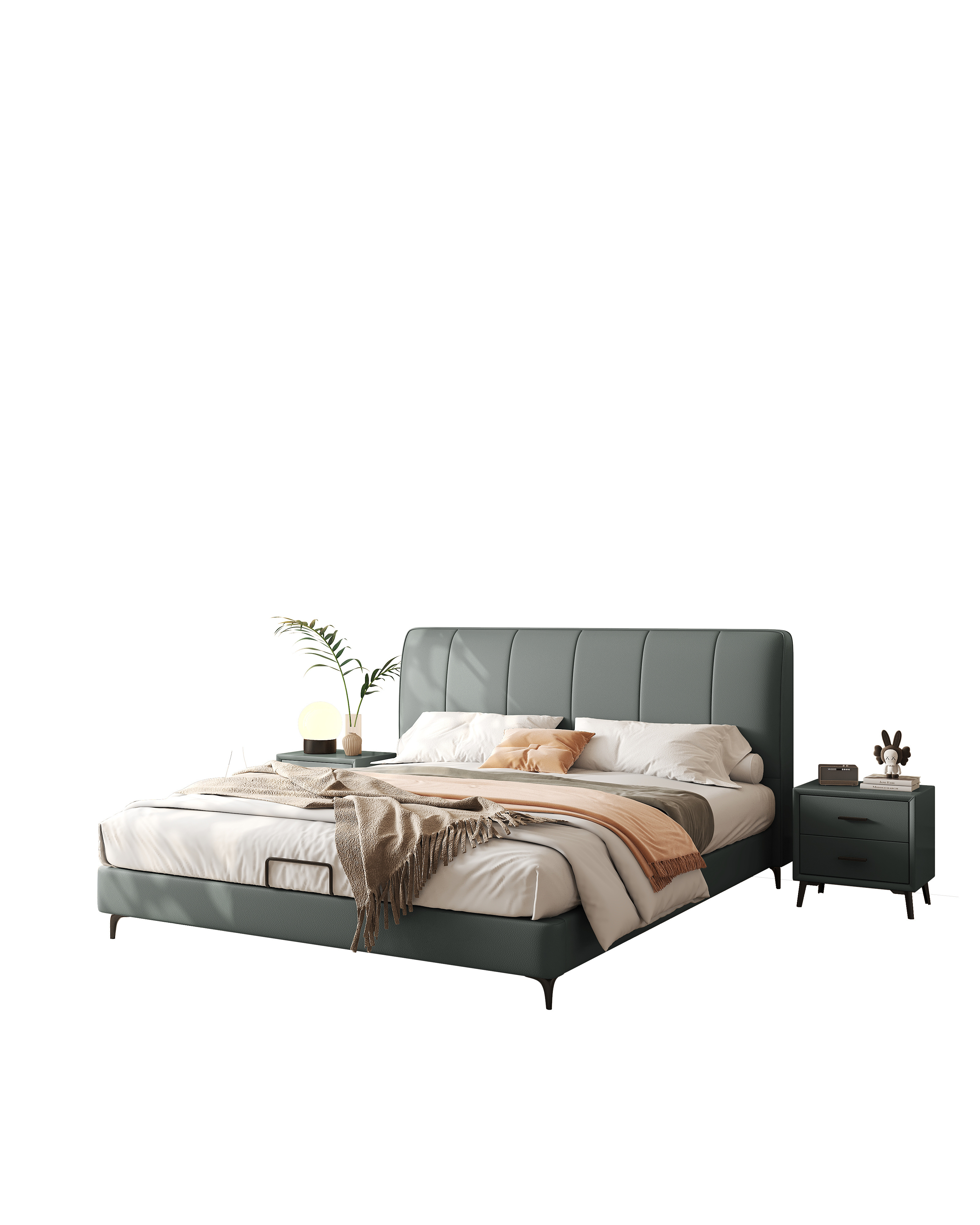 King Size Upholstered Platform Bed with First Layer Cowhide Padded Headboard Modern Luxury Bed Frame with Slats Support